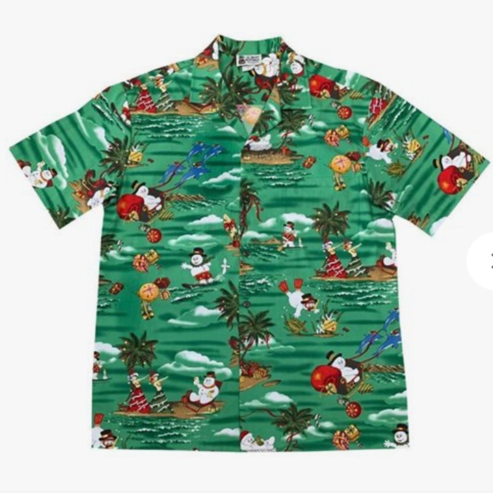 Hawaiian Christmas Shirt Short Sleeve Button Down Snowman and Palm Trees Shirt